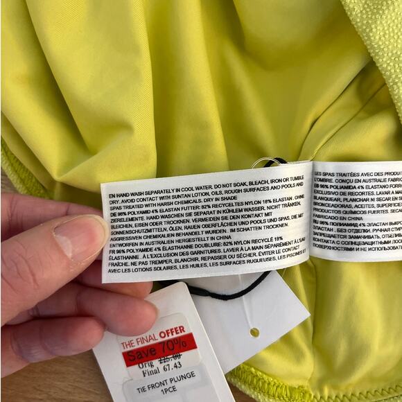 Jets Australia Tie Front Plunge Chartreuse Swimsuit Size USA 12 Fully Lined NWT - Picture 6 of 8